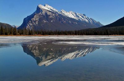 Ice skating on the Vermilion Lakes under Mount Rundle