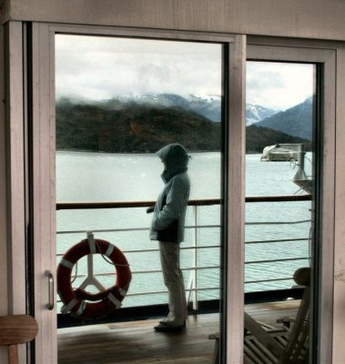 Ship's cabin mirror coated door facing  deck of ship.JPG