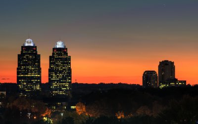 sunset behind the king and queen buildings, atlanta, georgia