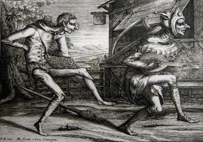 Two carnival fools dancing in front of an inn