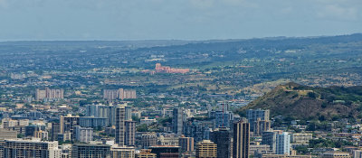 Tripler Army Medical Center (salmon colored complex) and Punchbowl National Cemetery on right