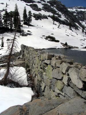 Emerald Lake outlet stone dam from the 1800s