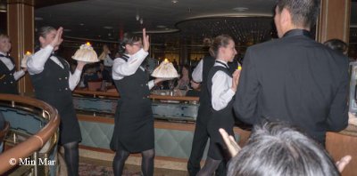 On our last formal dinner, there were parades of waiters and than the chefs. All dinning passengers applause for an ovation  jobs well done! 