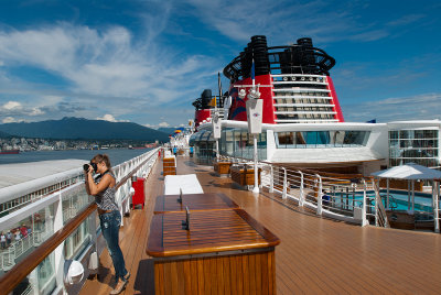 Baby Doll on the deck of the Disney Wonder as we pull out of Vancouver Harbor.jpg