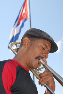 trumpet player and flag