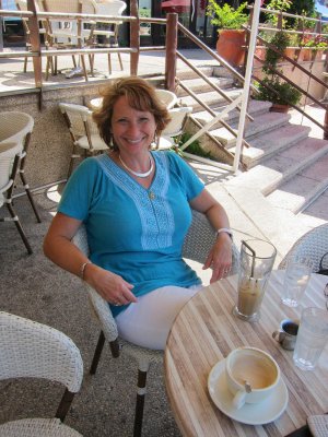 Galina enjoying her iced coffee at Cafe-in, Haifa