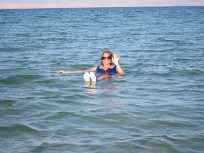 Galina waves while floating high on the dead sea