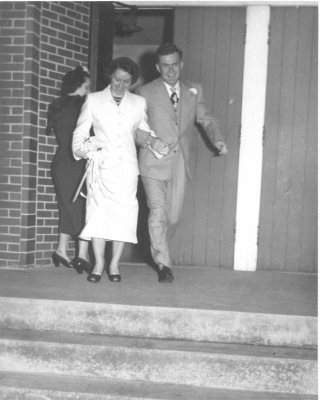 Mr Mrs Frank A Beacham Weding Day coming out of the Church 2-6-1950 bw300.jpg