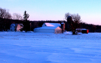 white barns -- winter sunset
