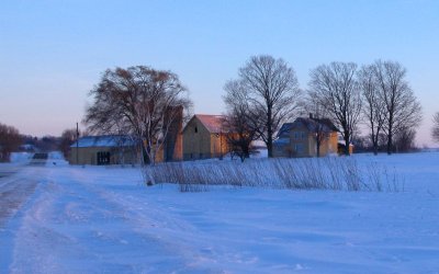 yellow barns -- winter sunset