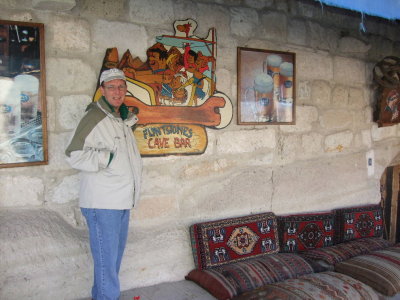 Goreme: Bob at the Flinstone Bar--the sign said Warm Place but we didn't go in.
