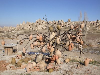 Goreme: A pottery tree on our walk to the church valley.  You can go inside and watch the potters if you wish.
