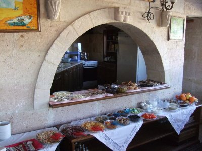 Goreme: Breakfast at Taskonak--cheese, bread, fruits, olives, cereal, and boiled eggs.