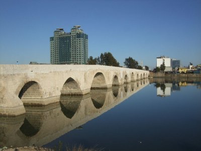 Old Roman Bridge built in the 2d century.  It is limited to walkers and motercyles now.  The Hilton is in the background.