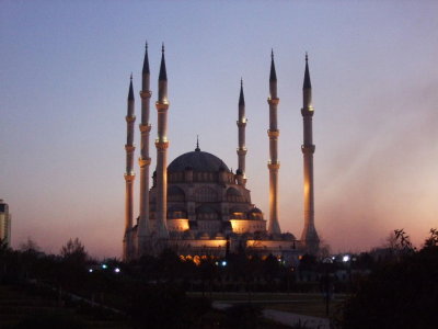 Night falls at the Merkez Cami mosque in Adana.