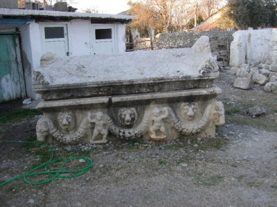 A sarcaphogus unearthed at Anazarbus,  It lays in a yard on the museum grounds.