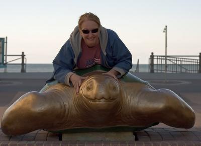 Joann riding turtle