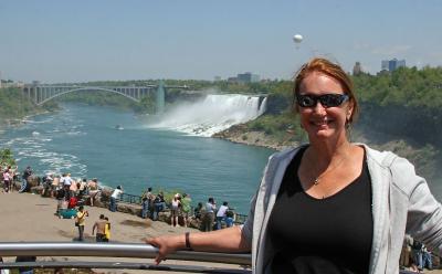 Joann overlooking Honeymoon Bridge and the American Falls
