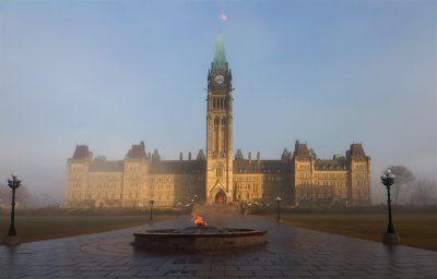 Peace Tower emerging from morning fog.