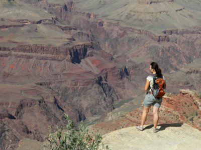 Bre contemplating the Grand Canyon Supergroup layers......in Vibrams