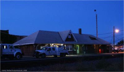 Chicago & North Western Depot, Rochelle Illinois, at dusk.jpg
