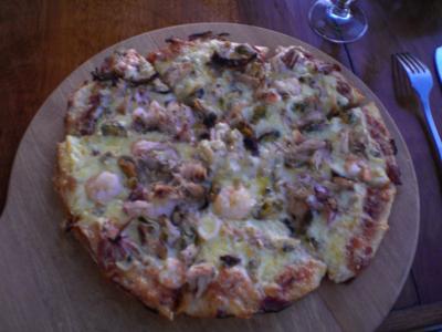 Seafood pizza: smoked fish, calamari, shrimp, mussels (my first and second-to-last), shredded crab, and fish pieces...yum!