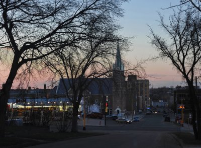 Minot ND Catholic church at dusk.