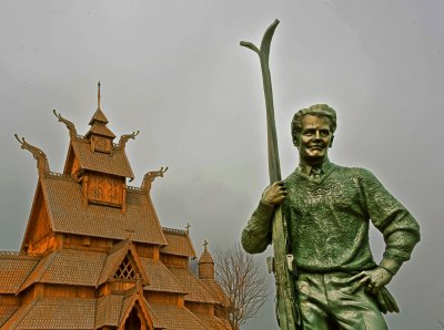 Minot Gol Stave Church and skier