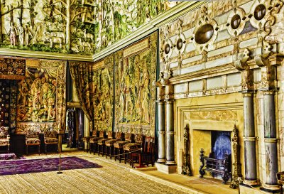 Tapestries and Fireplace