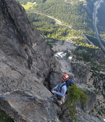 Raphael relaxing after leading all of the steep pitches