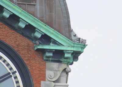 Peregrine pair perched; one ledge north clock face; other NW corner