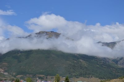 46 Looking back at Silverton with the clouds hanging over the mountains