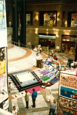 This is a Quilt panel I made with my synagogue many years ago on display at the Winter Garden at the original World Trade Center