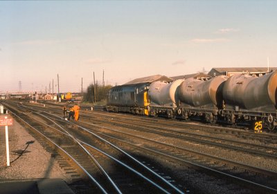 Class 37 heads north on the freight line at Darlington 1987.