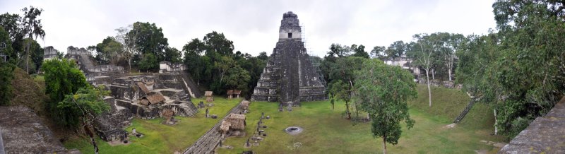 Panoramic view of the Gran Plaza of Tikal and the Temple of the Grand Jaguar from the top of Templo II