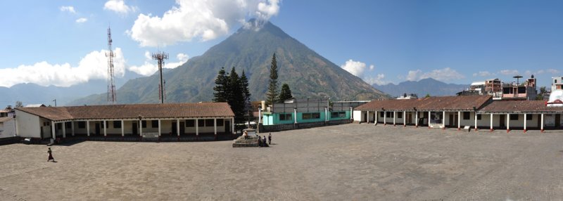 Panoramic view of the Plaza of Santiago Atitlán with Volcán San Pedro