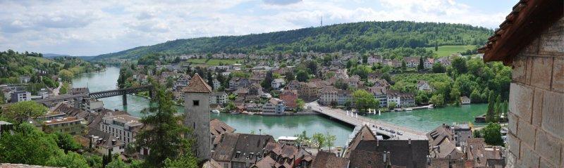 Panoramic view of Schaffhausen, the Rhine River and Feuerthalen from the Munot