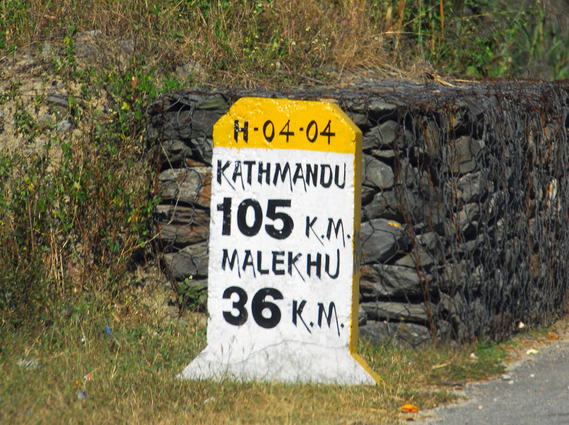 Nepali milestone near Mugling, 36km to Malekhu