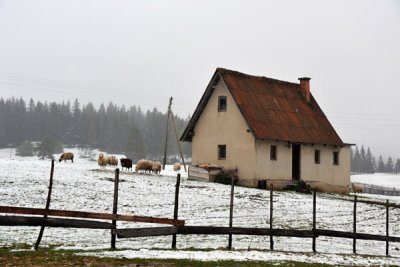 Farmhouse with an unusual late spring dusting of snow