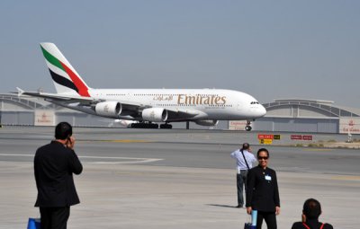 Emirates A380 (A6-ADB) taxiing by