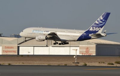 A380 landing in front of the Emirates Engineer hangars