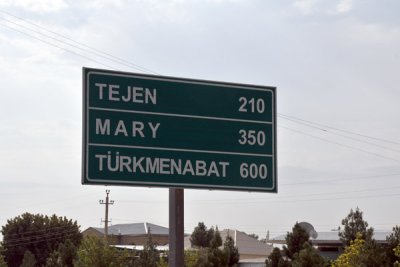 350 km from Ashgabat to Mary (pronounced Mar-ee)