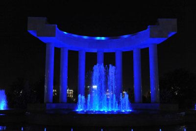 Independence Park fountain bathed in blue