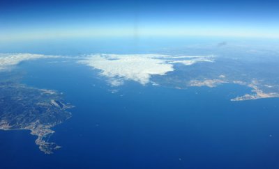 The Straits of Gibraltar separating Africa on the left with Europe on the right