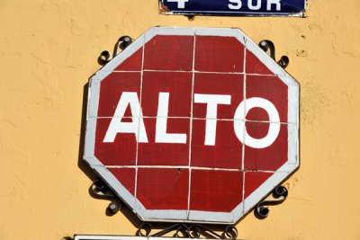 Tile stop sign in the UNESCO World Heritage City of Antigua Guatemala