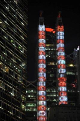 Red and white lights of the HSBC Building, Hong Kong