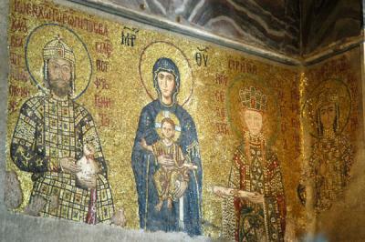 12th C. mosaic panel of the Virgin & Child with Emperor Johannes Komnenos II, Empress Irene and their son Alexios