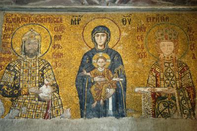 12th C. mosaic panel of the Virgin & Child with Emperor Johannes Komnenos II, Empress Irene