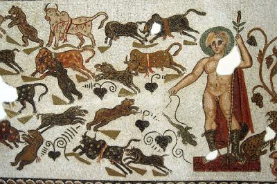 Dionysos, surrounded by animals, El Jem 4th C. AD