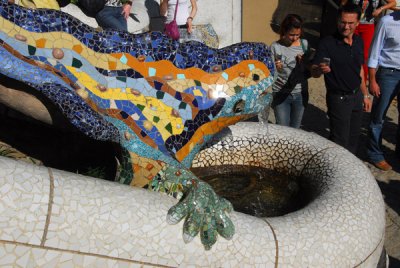 The multicolored tile mosaic dragon (salamander) on the main staircase leading to the terrace of  Gell Park